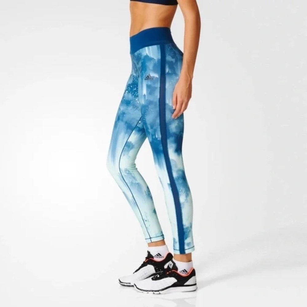 Adidas Climalite Moisture Wicking Capri Gym Blue Abstract Capri Leggings Size S - Picture 11 of 12